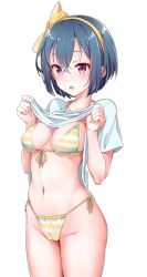 Rule 34 | 1girl, :o, bikini, black hair, blue hair, blue shirt, blush, bob cut, bow, breasts, clothes lift, collarbone, commentary request, cowboy shot, crossed bangs, front-tie bikini top, front-tie top, groin, hair between eyes, hair bow, hairband, halterneck, hands up, highres, konnyaku (kk-monmon), lifting own clothes, medium breasts, navel, open mouth, original, purple eyes, shirt, shirt lift, short hair, short sleeves, side-tie bikini bottom, simple background, solo, striped bikini, striped clothes, sweat, swimsuit, teeth, thighs, upper teeth only, white background, yellow bikini, yellow bow, yellow hairband