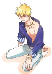 Rule 34 | 1boy, anger vein, barefoot, blonde hair, blue shirt, fate/grand order, fate/stay night, fate (series), gilgamesh (establishment) (fate), gilgamesh (fate), highres, kneeling, male focus, official alternate costume, open clothes, open shirt, red eyes, shirt, simple background, solo, white background, yuu yuugekisyu