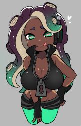 Rule 34 | 1girl, bare shoulders, breasts, cephalopod eyes, cleavage, crop top, dark-skinned female, dark skin, fingerless gloves, gloves, green eyes, green pantyhose, grey background, headphones, heart, large breasts, licking lips, looking at viewer, marina (splatoon), midriff, mole, mole under mouth, mzh, navel piercing, nintendo, octoling, pantyhose, pantyhose under shorts, piercing, pink pupils, purple hair, shorts, simple background, solo, splatoon (series), splatoon 2, symbol-shaped pupils, tentacle hair, tongue, tongue out, zipper, zipper pull tab
