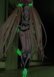 Rule 34 | 1girl, angela balzac, animated, animated gif, ass, bare shoulders, blonde hair, bodysuit, from behind, glowing, headgear, leotard, long hair, low twintails, lowres, rakuen tsuihou, screencap, solo, thigh strap, twintails, very long hair, walking