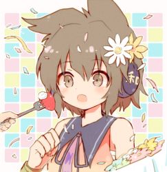 Rule 34 | 1girl, bad id, bad pixiv id, brown eyes, brown hair, checkered background, flower, food, fruit, furorida, pointy ears, short hair, solo focus, strawberry, touhou, toyosatomimi no miko