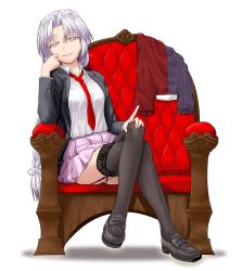 Rule 34 | 1girl, black thighhighs, braid, chair, cosplay, crossed legs, female focus, garter straps, grey eyes, lace, lace-trimmed legwear, lace trim, loafers, long hair, looking at viewer, necktie, red necktie, red upholstery, reisen udongein inaba, reisen udongein inaba (cosplay), shoes, silver hair, single braid, sitting, smile, solo, sumeragi seisuke, thighhighs, touhou, yagokoro eirin