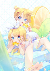 1boy 1girl :o ahoge back bare_arms bare_legs bare_shoulders barefoot blonde_hair blue_eyes bow bow_hairband brother_and_sister cheek_rest crop_top cup drinking_glass drinking_straw food foreshortening fruit hair_bow hair_ornament hairband hairclip hands_on_own_cheeks hands_on_own_face harusamesyota highres ice ice_cube kagamine_len kagamine_rin lemon lemon_slice looking_at_viewer lying lying_on_person midriff_peek nail_polish neckerchief number_tattoo on_stomach oversized_food oversized_object sailor_collar shirt short_hair short_ponytail shorts shoulder_tattoo siblings sideways_glance sleeveless sleeveless_shirt star-shaped_food star_(symbol) swept_bangs tattoo toenail_polish toenails twins vocaloid white_bow white_sailor_collar white_shorts yellow_nails yellow_neckerchief