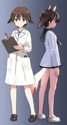 Rule 34 | 1girl, alternate universe, animal ears, brown eyes, brown hair, clipboard, commentary request, doctor, dog ears, dog tail, lab coat, looking at viewer, miyafuji yoshika, multiple persona, no socks, aged up, pen, school uniform, serafuku, shimada fumikane, short hair, smile, solo, strike witches, tail, world witches series