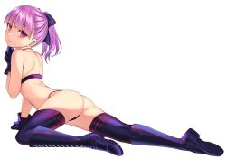 Rule 34 | 1girl, arm support, ass, bikini, blush, breasts, commentary request, fate/grand order, fate (series), from behind, gloves, hand on own chin, helena blavatsky (fate), helena blavatsky (swimsuit archer) (fate), helena blavatsky (swimsuit archer) (third ascension) (fate), highres, looking at viewer, mikoma sanagi, pink lips, ponytail, purple eyes, purple footwear, purple gloves, purple hair, purple thighhighs, short hair, small breasts, solo, swimsuit, thighhighs, thighs, thong bikini, white background