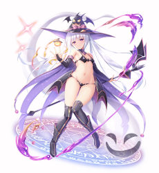 Rule 34 | 1girl, bikini, black bikini, black footwear, blush, boots, breasts, commentary request, detached collar, elbow gloves, fingerless gloves, gloves, gluteal fold, halloween, hat, highres, jack-o&#039;-lantern, kneehighs, long hair, looking at viewer, magic circle, naoki (endofcentury102), navel, original, purple eyes, small breasts, smile, socks, solo, staff, swimsuit, thighs, very long hair, white background, white hair, witch, witch hat