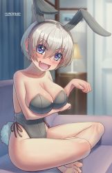Rule 34 | 1girl, :d, absurdres, animal ears, arm under breasts, artist name, bad id, bad pixiv id, bare shoulders, barefoot, black leotard, blue eyes, blurry, blurry background, blush, breasts, cleavage, collarbone, commentary, couch, curtains, english commentary, fake animal ears, fake tail, fang, hair between eyes, heart, heart-shaped pupils, highleg, highleg leotard, highres, hungrydurp, indian style, lamp, large breasts, leaning forward, leotard, living room, looking at viewer, naughty face, nose, on couch, open mouth, paw pose, playboy bunny, rabbit ears, rabbit tail, ringed eyes, short hair, silver hair, sitting, skin fang, sleeveless, smile, soles, solo, strapless, strapless leotard, symbol-shaped pupils, tail, thighs, uzaki-chan wa asobitai!, uzaki hana, v-shaped eyebrows