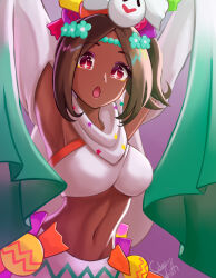 Rule 34 | 1girl, :o, armpits, arms up, brown hair, candy hair ornament, ciderwrath, dark-skinned female, dark skin, fire emblem, fire emblem engage, fire emblem heroes, food-themed hair ornament, ghost hair ornament, hair ornament, halloween costume, long sleeves, looking at viewer, midriff, navel, nintendo, official alternate costume, open mouth, red eyes, sleeves past fingers, sleeves past wrists, solo, star-shaped pupils, star (symbol), symbol-shaped pupils, timerra (fire emblem), timerra (halloween) (fire emblem), wide sleeves