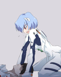 Rule 34 | 1boy, 1girl, :o, all fours, ayanami rei, blood, blood on clothes, bodysuit, bracer, death, faceless, faceless male, from side, grey background, hair over eyes, interface headset, kitano yuusuke, leaning forward, looking at another, looking down, neon genesis evangelion, parted lips, pilot suit, plugsuit, profile, shirt, shouting, solo focus