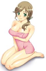 Rule 34 | 1girl, bare shoulders, barefoot, blush, breasts, closed mouth, female focus, from above, full body, green eyes, huge breasts, large breasts, lips, looking at viewer, naked towel, seiza, simple background, sitting, smile, solo, towel, unagimaru, white background