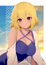 Rule 34 | bare shoulders, blonde hair, blue dress, blue sky, blurry, blurry background, blush, breasts, cagalli yula athha, campbell xx, cleavage, commentary request, criss-cross halter, cross-laced clothes, cross-laced dress, dress, gradient sky, gundam, gundam seed, gundam seed destiny, halterneck, highres, looking at viewer, medium breasts, multicolored sky, purple eyes, short hair, sky, yellow sky