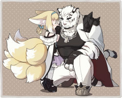 Rule 34 | 1boy, 1girl, animal ear fluff, animal ears, arknights, bare shoulders, black footwear, blonde hair, blouse, blue bow, blue eyes, blue hairband, boots, bow, braid, braided hair rings, brown background, brown eyes, brown footwear, cape, chain, chain necklace, closed mouth, commentary request, fox ears, fox girl, fox tail, frilled skirt, frills, furry, furry male, hair bow, hair rings, hairband, infection monitor (arknights), jewelry, kitsune, mountain (arknights), multicolored hair, necklace, nekomdr, on one knee, pants, pantyhose, polka dot, polka dot background, profile, purple skirt, scar, scar across eye, scar on face, shirt, skirt, spiked footwear, suzuran (arknights), tail, tiger boy, tiger ears, tiger tail, torn clothes, torn legwear, twin braids, two-tone hair, white cape, white hair, white pants, white pantyhose, white shirt