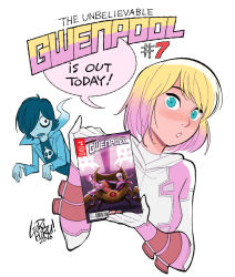 Rule 34 | 1boy, 1girl, 2016, aqua eyes, artist name, blonde hair, cecil (marvel), character request, cover, cover page, english text, gurihiru, gwenpool, gwenpool, hair over one eye, crossed legs, marvel, mask, unworn mask, open mouth, pink hair, signature, sitting, skull, upper body