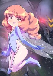 Rule 34 | 1girl, blue footwear, blue gloves, blue leotard, boots, breasts, brown hair, cham fau, elbow gloves, fairy, fairy wings, gloves, glowing, glowing eye, green eyes, highleg, highleg leotard, highres, himehachi (hime8manga), knees together feet apart, legs up, leotard, long hair, looking at viewer, open mouth, pantyhose, robot, seisenshi dunbine, small breasts, smile, thighs, white pantyhose, wings