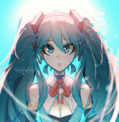 1girl, aqua eyes, aqua hair, aurahack, backlighting, big hair, black sleeves, blue background, breasts, cleavage, cleavage cutout, clothing cutout, detached sleeves, distortion, hair ornament, hatsune miku, highres, lens flare, long hair, looking at viewer, medium breasts, puckered lips, shoulder tattoo, solo, tattoo, twintails, upper body, very long hair, vocaloid, watermark