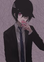 Rule 34 | 1boy, :o, black hat, black jacket, blood, blood on hands, blue necktie, collared shirt, danganronpa (series), danganronpa v3: killing harmony, fu ga (vivi912912), hair between eyes, hand up, hat, highres, jacket, long sleeves, looking at viewer, male focus, necktie, official alternate costume, open clothes, open jacket, pink blood, pink eyes, saihara shuichi, shirt, solo, striped necktie, teeth, upper body, upper teeth only, white shirt