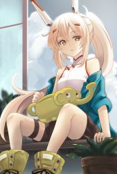 Rule 34 | 1girl, alternate costume, ayanami (azur lane), azur lane, blurry, boots, casual, cloud, cloudy sky, commentary request, contemporary, depth of field, hair ornament, hairclip, headgear, highres, looking at viewer, manjirou (manji illust), off-shoulder jacket, off shoulder, orange eyes, parted lips, ponytail, retrofit (azur lane), shorts, silver hair, sitting, sky, solo, turtleneck, watering can