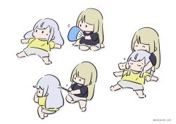 Rule 34 | 2girls, ^ ^, arm at side, assault lily, barefoot, black shirt, blonde hair, blunt bangs, braid, braiding hair, cheek squash, chibi, closed eyes, commentary, fanning, grey hair, grey shorts, hair down, hair spread out, hairdressing, hand fan, hand up, hands up, head rest, highres, holding, holding another&#039;s hair, holding fan, hot, kabayaki (kabayaki eel), kon kanaho, long hair, looking ahead, looking at another, looking to the side, looking up, lying, lying on person, miyagawa takane, motion lines, multiple girls, multiple views, no mouth, on back, on side, outstretched arms, outstretched leg, paper fan, parted lips, shadow, shirt, short sleeves, shorts, simple background, single braid, sitting, smile, soles, solid oval eyes, spread arms, spread legs, sweatdrop, twitter username, uchiwa, wariza, white background, yellow shirt