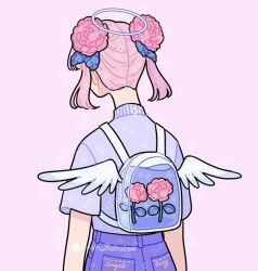 Rule 34 | 1girl, angel wings, backpack, bag, bare arms, blue bag, blue halo, blue pants, blunt ends, carnation, clothes writing, commentary, cowboy shot, denim, emily kim, english commentary, flower, from behind, hair flower, hair ornament, halo, high-waist pants, jeans, leaf, original, pants, pink background, pink flower, pink hair, pocket, purple shirt, shirt, short hair, short sleeves, short twintails, simple background, solo, sparkle, t-shirt, traditional halo, turtleneck, turtleneck shirt, twintails, twitter username, water, white wings, winged bag, wings