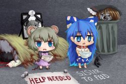 Rule 34 | 4girls, android, animal collar, animal ears, begging, black bow, blood, blouse, blue bow, blue eyes, blue skirt, bow, brown hair, chibi, collar, commentary, cookie (touhou), corpse, debt, dress, english commentary, english text, fake nyon (cookie), full body, grey hoodie, grey shirt, hair between eyes, hair bow, hakurei reimu, holding, holding bow (ornament), hood, hoodie, iei, large bow, long hair, mochiya (cookie), mouse ears, multiple girls, nazrin, nyon (cookie), open mouth, patch, patchwork clothes, pinafore dress, pink dress, poverty, rock, shirt, short hair, skirt, sleeveless dress, stuffed animal, stuffed cat, stuffed toy, tearing up, tongjm, touhou, trash can, yorigami shion, zerukalo (cookie)