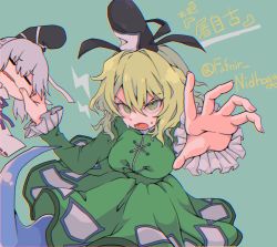 Rule 34 | 2girls, breasts, cheek pinching, cross-laced clothes, dress, ghost tail, green background, green dress, green hair, grey hair, hat, large breasts, lightning bolt symbol, long sleeves, mononobe no futo, msuo (mashiuo), multiple girls, ofuda, ofuda on clothes, one-hour drawing challenge, open mouth, pinching, short hair, simple background, soga no tojiko, solo focus, sweat, tate eboshi, touhou, twitter username