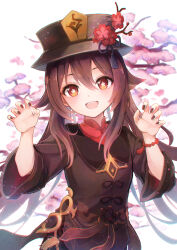 Rule 34 | 1girl, :d, black hat, black nails, black skirt, branch, brown eyes, brown hair, brown jacket, claw pose, commentary request, flower, flower-shaped pupils, genshin impact, hair between eyes, hands up, hat, hat flower, highres, hu tao (genshin impact), jacket, long hair, looking at viewer, nail polish, open mouth, pink flower, red flower, red shirt, shirt, simple background, skirt, smile, solo, symbol-shaped pupils, very long hair, white background, yonema