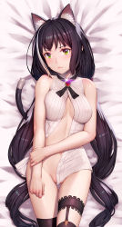 Rule 34 | 1girl, :&lt;, animal ear fluff, animal ears, bare arms, bare shoulders, bed sheet, black hair, black thighhighs, blush, breasts, cat ears, cat girl, cat tail, cleavage, closed mouth, commentary request, dakimakura (medium), glint, gluteal fold, green eyes, hand on own arm, karyl (princess connect!), long hair, lying, mana (remana), medium breasts, multicolored hair, naked shirt, navel, no bra, no panties, on back, on bed, princess connect!, shirt, skindentation, sleeveless, sleeveless shirt, solo, streaked hair, tail, thigh gap, thigh strap, thighhighs, twintails, v-shaped eyebrows, very long hair, white hair