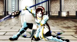 Rule 34 | 1girl, armor, boots, brown eyes, erza scarlet, fairy tail, hairband, red hair, screencap, solo, thigh boots, thighhighs, weapon