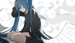 Rule 34 | 1girl, absurdres, bandage on face, bandage on knee, bandages, black sailor collar, black serafuku, black shirt, black skirt, black socks, blue eyes, blue hair, blue neckerchief, blurry, blurry foreground, clutching head, commentary, empty eyes, english text, feet out of frame, frown, hatsune miku, highres, jiu ye sang, kneehighs, long hair, looking to the side, neckerchief, paper, pleated skirt, rolling girl (vocaloid), sailor collar, school uniform, serafuku, sheet music, shirt, sitting, skirt, socks, solo, twintails, very long hair, vocaloid, wariza