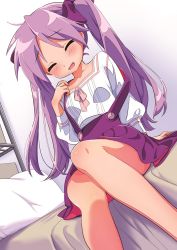 Rule 34 | 1girl, :d, arm support, bed, bedroom, blush, bow, closed eyes, collarbone, commentary request, dutch angle, facing viewer, feet out of frame, hair bow, hand up, highres, hiiragi kagami, hotaru iori, ichimi renge, indoors, long hair, long sleeves, lucky star, on bed, open mouth, pillow, pink ribbon, puffy long sleeves, puffy sleeves, purple bow, purple hair, purple skirt, ribbon, second-party source, shirt, sitting, skirt, smile, solo, suspender skirt, suspenders, suspenders slip, twintails, very long hair, white shirt