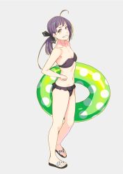 Rule 34 | 1girl, ahoge, bikini, black bikini, collarbone, flat chest, fujinami (kancolle), full body, grin, hair ribbon, hand on own hip, highres, innertube, kantai collection, long hair, looking at viewer, navel, purple hair, ribbon, sandals, side ponytail, simple background, smile, solo, standing, strapless, strapless bikini, swim ring, swimsuit, white background, yellow eyes, yuuji (and)