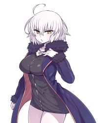 Rule 34 | 1girl, ahoge, black coat, black dress, breasts, chan co, coat, collarbone, cowboy shot, dress, fate/grand order, fate (series), fur trim, hair between eyes, hand on own chest, hand up, jacket, jeanne d&#039;arc (fate), jeanne d&#039;arc alter (fate), jeanne d&#039;arc alter (ver. shinjuku 1999) (fate), jewelry, large breasts, legs together, long sleeves, looking at viewer, necklace, official alternate costume, open clothes, open coat, open mouth, short dress, short hair, silver hair, simple background, solo, standing, upper body, white background, yellow eyes