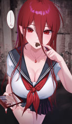 Rule 34 | 1girl, absurdres, ass, breasts, candy, cellphone, chocolate, chocolate heart, cleavage, collarbone, completely nude, ear piercing, fang, food, food in mouth, hair between eyes, hand to own mouth, heart, highres, holding, holding phone, jewelry, large breasts, lichiko, long hair, looking at viewer, nail polish, necklace, nude, open mouth, original, phone, piercing, pointy ears, red eyes, red hair, red nails, sailor collar, school uniform, serafuku, skirt, smartphone, solo