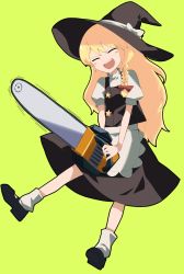 Rule 34 | 1girl, :d, animal ears, apron, black footwear, black skirt, black vest, blonde hair, blush, bow, braid, chainsaw, closed eyes, commentary request, cookie (touhou), fox ears, frilled apron, frills, full body, green background, hair bow, hat, hat bow, highres, holding, holding chainsaw, kirisame marisa, konfu nodashino bubun, long hair, mary janes, open mouth, puffy short sleeves, puffy sleeves, red bow, shirt, shoes, short sleeves, side braid, simple background, single braid, skirt, smile, socks, solo, star (symbol), suzu (cookie), touhou, vest, waist apron, white apron, white bow, white shirt, white socks, witch hat, |d