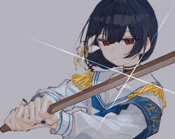 Rule 34 | 1girl, armband, black choker, black hair, blue armband, blue nails, blue neckerchief, bokken, choker, closed mouth, diffraction spikes, epaulettes, expressionless, flower, grey background, hair bun, hair flower, hair ornament, half-closed eyes, hands up, holding, holding sword, holding weapon, idolmaster, idolmaster shiny colors, long sleeves, looking at viewer, morino rinze, neckerchief, official alternate costume, red eyes, school uniform, serafuku, short hair, simple background, single side bun, solo, sword, sword guard stance, tenoo12, two-handed, upper body, weapon, white flower, white serafuku, wooden sword