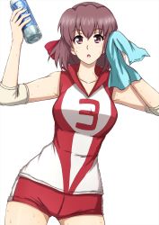 Rule 34 | 1girl, bottle, brown eyes, brown hair, commentary, cowboy shot, elbow pads, girls und panzer, headband, highres, holding, holding bottle, holding towel, kondou taeko, looking at viewer, medium hair, micro shorts, omachi (slabco), open mouth, red headband, red shirt, red shorts, shirt, shorts, simple background, sleeveless, sleeveless shirt, solo, sportswear, standing, towel, volleyball uniform, water bottle, white background, wiping sweat