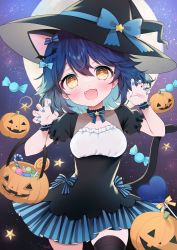 Rule 34 | 1girl, :3, :d, animal ears, backlighting, bat hair ornament, black choker, black hat, blue hair, blush, bow, bucket, candy, candy cane, cat ears, cat girl, cat tail, choker, claw pose, cleavage cutout, clothing cutout, dress, fangs, food, frilled bracelet, frilled choker, frilled sleeves, frills, hair bow, hair ornament, halloween, halloween bucket, hat, hat ornament, hat ribbon, heart, heart-shaped lollipop, holding, holding bucket, jack-o&#039;-lantern, lollipop, multiple hair bows, nail polish, nanase (ribonshitoron), night, night sky, open mouth, original, pumpkin, purple sky, ribbon, shaped lollipop, short hair, short sleeves, sky, smile, solo, star (sky), star (symbol), star hat ornament, starry sky, striped clothes, striped dress, tail, thighhighs, witch hat, wrapped candy, wrist cuffs, yellow eyes