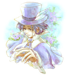 Rule 34 | 1boy, blue hat, flower, frederic chopin (trusty bell), fuju, gradient background, hat, male focus, nature, plant, solo, top hat, trusty bell, upper body, white background