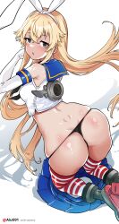 Rule 34 | 1girl, absurdres, aiuti, ass, black neckerchief, black panties, blonde hair, blue sailor collar, blue skirt, crop top, elbow gloves, from behind, gloves, grey eyes, hairband, highleg, highleg panties, highres, kantai collection, kneeling, long hair, looking at viewer, looking back, microskirt, miniskirt, neckerchief, panties, sailor collar, shimakaze (kancolle), skirt, solo, striped clothes, striped thighhighs, thighhighs, thong, underwear, unworn skirt, white gloves, white hairband
