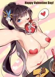 Rule 34 | 1girl, ;), absurdres, arm up, armpits, bad id, bad pixiv id, black hair, blue eyes, blue ribbon, blunt bangs, blush, bowl, box, breasts, candy, chocolate, chocolate bar, cleavage, closed mouth, commission, cowboy shot, dungeon and fighter, food, from above, gift, gift box, goyain, groin, hair ribbon, happy valentine, heart, heart-shaped pupils, heart pasties, highres, holding, holding gift, large breasts, long hair, looking at viewer, maebari, navel, nude, one eye closed, outstretched arm, pasties, reaching, reaching towards viewer, ribbon, selfie, sidelocks, smile, solo, speech bubble, spoken heart, standing, stomach, symbol-shaped pupils, tareme, two-tone background, valentine, white ribbon