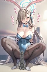 Rule 34 | 1girl, animal ears, asuna (blue archive), asuna (bunny) (blue archive), bare shoulders, blue archive, blue eyes, blue leotard, blue ribbon, blush, breasts, brown pantyhose, cleavage, collarbone, covered navel, detached collar, dildo, drooling, elbow gloves, fake animal ears, gloves, grin, hair over one eye, hair ribbon, halo, high heels, highleg, highleg leotard, highres, koyuki (kotatsu358), large breasts, leotard, light brown hair, long hair, looking at viewer, mole, mole on breast, pantyhose, playboy bunny, rabbit ears, ribbon, sex toy, smile, solo, spread legs, squatting, thighband pantyhose, very long hair, white gloves
