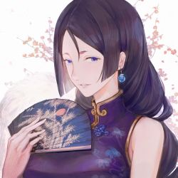 Rule 34 | 1girl, alternate costume, bad id, bad pixiv id, bare shoulders, china dress, chinese clothes, dr woodpecker, dress, earrings, fate/grand order, fate (series), hand fan, highres, holding, holding fan, jewelry, long hair, looking at viewer, minamoto no raikou (fate), minamoto no raikou (traveling outfit) (fate), parted bangs, parted lips, portrait, purple dress, purple eyes, purple hair, sleeveless, sleeveless dress, solo