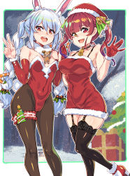Rule 34 | 2girls, absurdres, animal ears, bangs, bare shoulders, bell, black pantyhose, black thighhighs, blue hair, blunt bangs, blush, braid, breasts, cameltoe, choker, christmas, christmas tree, cleavage, collarbone, covered erect nipples, covered navel, curvy, detached sleeves, dress, fang, feet out of frame, fur trim, garter straps, gift, hair between eyes, hat, heterochromia, high heels, highres, hololive, houshou marine, large breasts, leg up, leotard, long hair, looking at viewer, moto toshi, multicolored hair, multiple girls, neck bell, night, night sky, open mouth, orange eyes, outside border, palms together, pantyhose, playboy bunny, plump, rabbit ears, red eyes, red hair, santa costume, santa hat, skin fang, sky, small breasts, smile, thigh strap, thighhighs, thighs, twin braids, twintails, two-tone hair, usada pekora, v, very long hair, waving, white hair, yellow eyes, zettai ryouiki