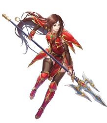 Rule 34 | 1girl, altena (fire emblem), armor, armored boots, boots, breastplate, brown eyes, brown hair, dress, elbow gloves, female focus, fire emblem, fire emblem: thracia 776, fire emblem heroes, full body, garter straps, gloves, headband, highres, holding, holding polearm, holding spear, holding weapon, lips, lipstick, long hair, makeup, matching hair/eyes, nintendo, official art, pelvic curtain, polearm, red armor, red dress, short dress, shoulder armor, solo, spear, thigh strap, thighhighs, transparent background, weapon