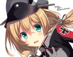 Rule 34 | 10s, 1girl, anchor hair ornament, black ribbon, blonde hair, blue eyes, blush, cross, hair ornament, hair ribbon, hat, iron cross, kantai collection, long hair, long sleeves, military, military uniform, open mouth, peaked cap, portrait, prinz eugen (kancolle), ribbon, simple background, solo, takanasheeee, takanashi haruto, twintails, twitter username, uniform, upper body, white background