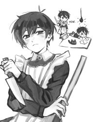 Rule 34 | 2boys, absurdres, antenna hair, apron, blush, book, broom, cat, closed mouth, dress, highres, holding, holding broom, holding knife, knife, light bulb, long sleeves, looking at viewer, lying, maid, mewo, mikhamii, multiple boys, omori, omori (omori), on stomach, open book, simple background, sunny (omori)