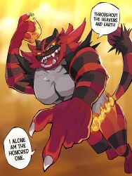 Rule 34 | absurdres, black fur, claws, colored sclera, creatures (company), diforland, english text, fire, game freak, gen 7 pokemon, green eyes, grey fur, highres, incineroar, multicolored fur, nintendo, open mouth, pointing, pokemon, pokemon (creature), red fur, sharp teeth, solo, speech bubble, teeth, yellow sclera