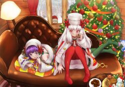 Rule 34 | 1boy, 2girls, box, braid, christmas tree, commentary, couch, eating, fire emblem, fire emblem: the sacred stones, fire emblem: three houses, fire emblem heroes, flower, food, fur trim, gift, gift box, glasses, green thighhighs, hat, hat flower, highres, howaito gyuunyuu, ignatz victor, ignatz victor (winter), lamp, long hair, long sleeves, looking at another, lute (fire emblem), lute (winter) (fire emblem), lysithea von ordelia, lysithea von ordelia (winter), multiple girls, nintendo, official alternate costume, on couch, pantyhose, purple eyes, purple hair, red eyes, red headwear, red pantyhose, santa hat, sitting, snowman, thighhighs, twin braids, white hair, white headwear, window
