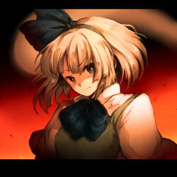Rule 34 | 1girl, black background, bow, bowtie, collared shirt, eyes visible through hair, fiery background, fire, gradient background, green eyes, green vest, konpaku youmu, konpaku youmu (ghost), looking at viewer, onimaru gonpei, red background, serious, shirt, solo, touhou, vest, white hair, white shirt