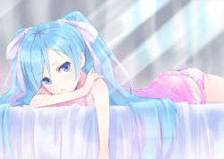 Rule 34 | 1girl, aqua hair, bad id, bad pixiv id, bare shoulders, bed, blue eyes, camisole, hair ribbon, hand on own shoulder, hatsune miku, kyuri, light rays, long hair, looking at viewer, lying, on stomach, panties, pink panties, ribbon, solo, sunbeam, sunlight, twintails, underwear, vocaloid